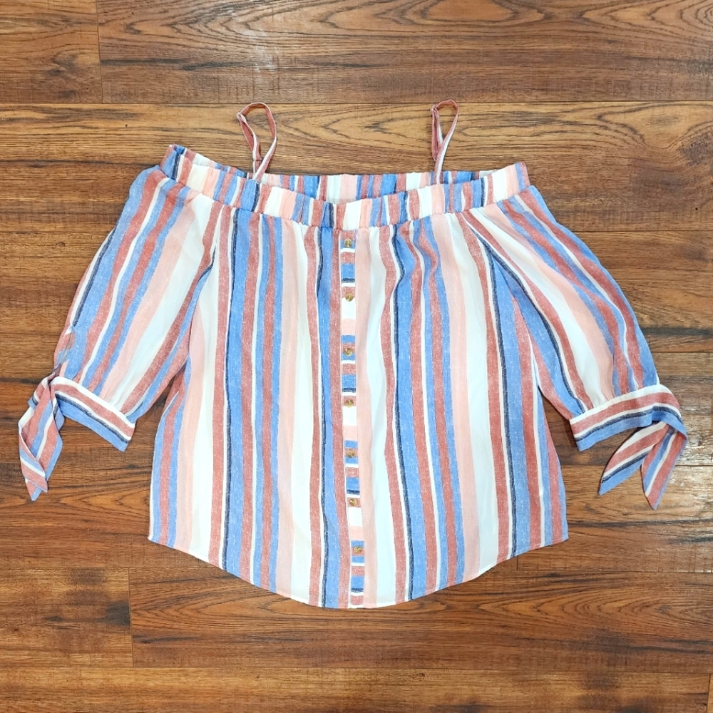 IZ Byer Women's Off the Shoulder Short Sleeve Striped Pullover Blouse X-Large XL